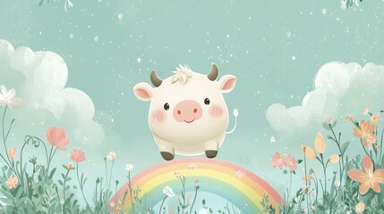 Fototapeta premium Joyful cartoon cow leaping over a giant rainbow in a whimsical dreamland for children’s art