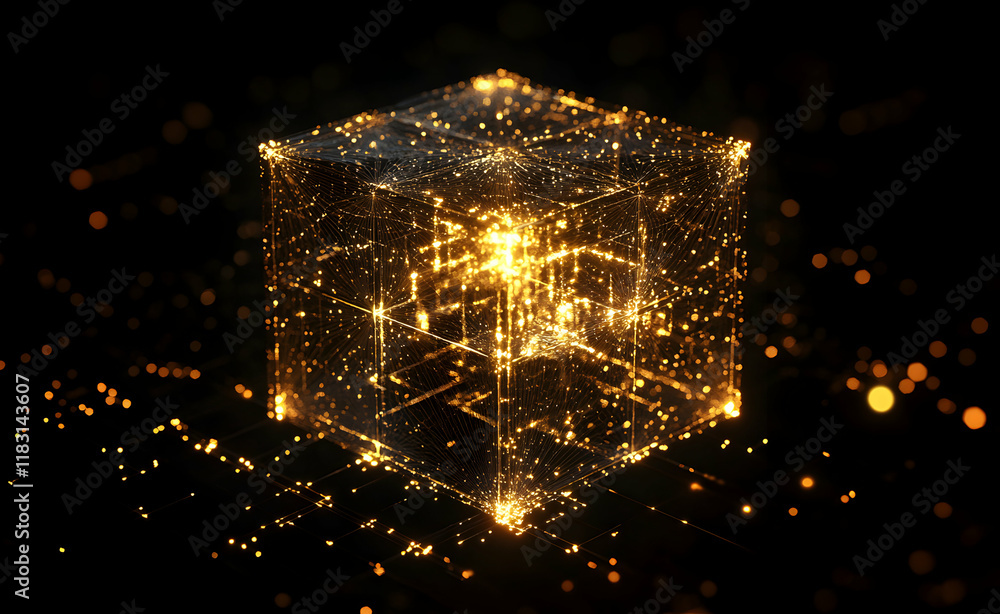 Poster glowing cube abstract digital art: network of light and data