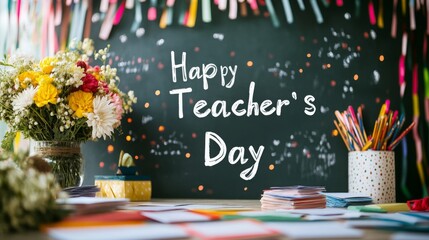 Colorful Classroom Scene Celebrating Happy Teacher's Day with Bright Flowers, Craft Supplies, and Cheerful Decorations on Chalkboard Background