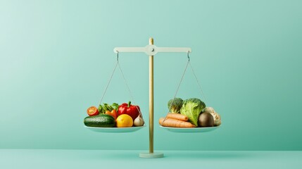 A scale with vegetables on one side and a plate of vegetables on the other