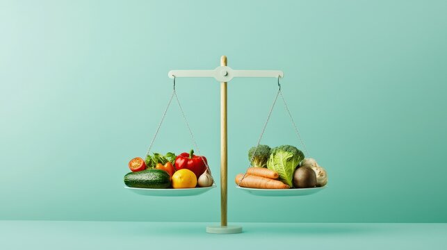 A scale with vegetables on one side and a plate of vegetables on the other