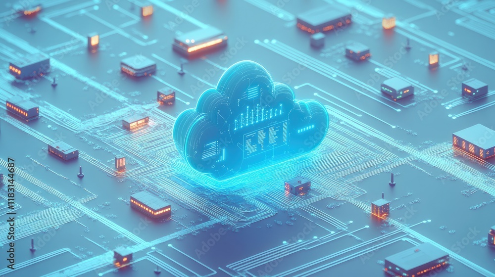 Poster cloud computing: a glowing blue cloud icon rests on a futuristic circuit board, symbolizing the powe