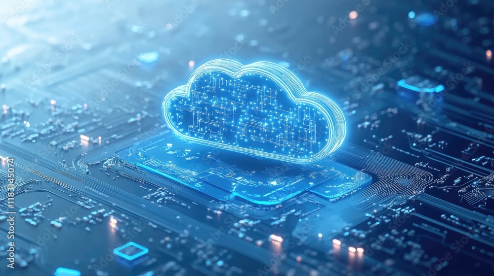 Aufkleber cloud computing innovation: futuristic digital cloud icon glowing on a circuit board, representing a