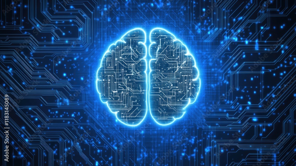 Poster digital mind: a glowing human brain, reminiscent of a computer chip, is embedded in a circuit board,