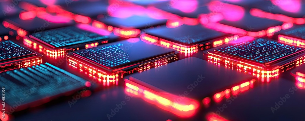 Poster matrix abstract background idea. futuristic close-up of glowing microchips on a dark background full