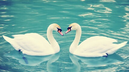 Obraz premium Two Swans Forming Heart Shape on Calm Water
