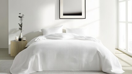 A white bed with a white comforter and pillows