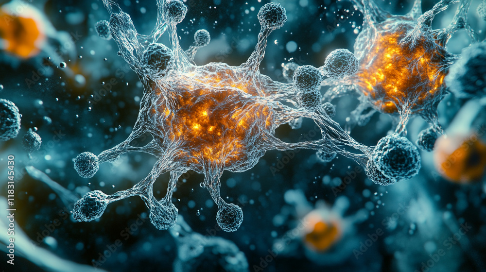 Poster detailed view of microscopic cells showing intricate structures and glowing elements