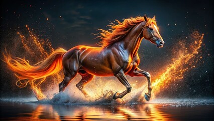 Majestic Fire Horse Night Splash: Dynamic Water & Flame Equine Photography