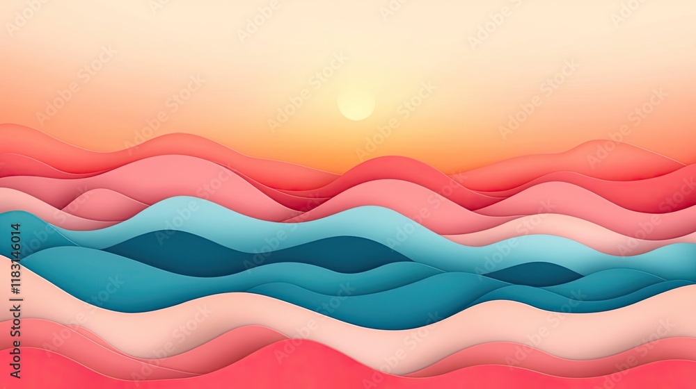 Poster Layer abstract background concept. Abstract waves in vibrant colors with a serene sunset background, evoking tranquility.