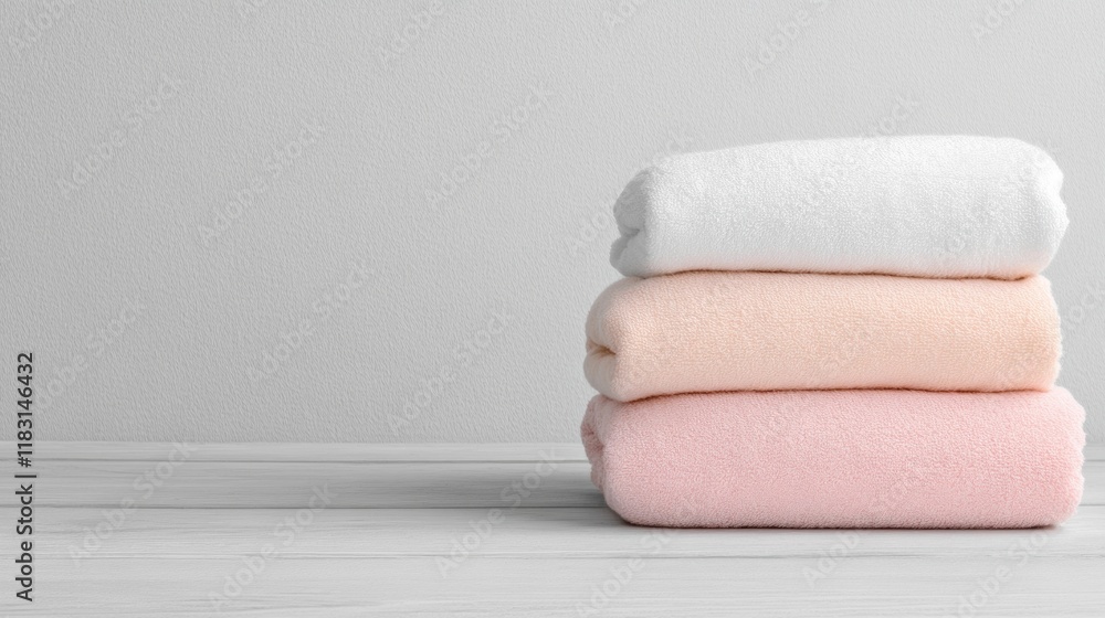 Poster soft towels sit in a tidy stack, showcasing their fresh texture and vibrant colors, enhancing a calm