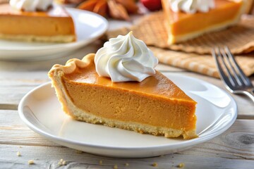 Golden pumpkin pie, fluffy whipped cream, autumn leaves; a panoramic dessert dream.
