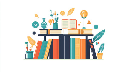 Colorful bookshelf adorned with plants and study materials in a cozy study space