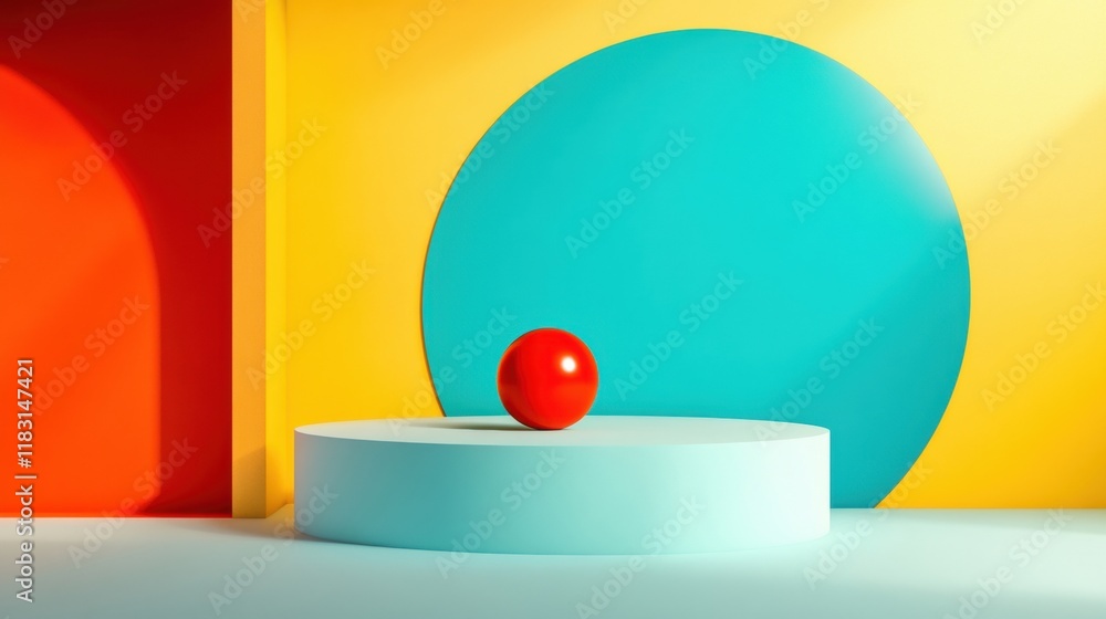 Poster bright geometric shapes create an engaging composition with a striking red sphere placed on a circul