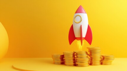 Rocket takes off from a pile of coins against a bright yellow background, symbolizing financial growth and ambition in investment
