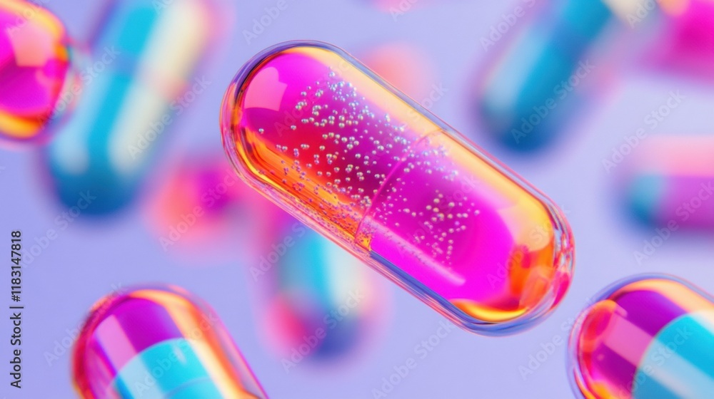 Poster capsules gently drift through a soft and blurred environment, showcasing vibrant colors and sparklin