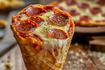 A pizza crust cone filled with melted cheese, sauce, and pepperoni slices. (Generative AI)