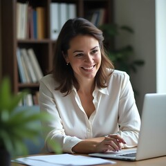 woman smiles while using her laptop at a desk