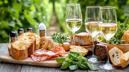 Delicious food and wine arrangement in a vineyard setting.