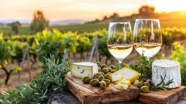 Sunset wine and cheese picnic in vineyard setting.