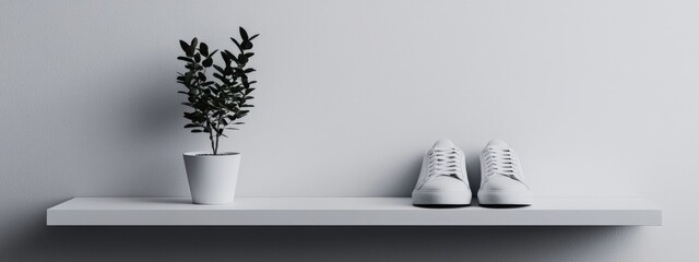 A pair of white shoes are on a shelf next to a potted plant