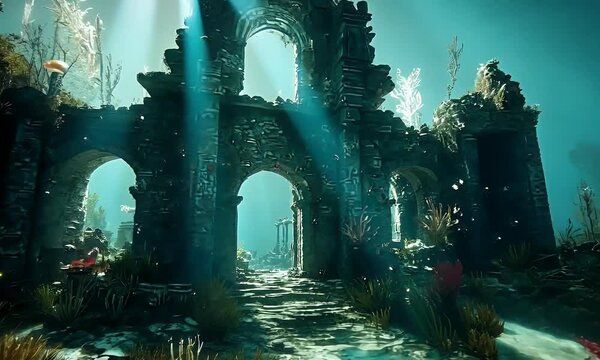 Sunlit underwater ruins with archways, overgrown with aquatic plants and corals.