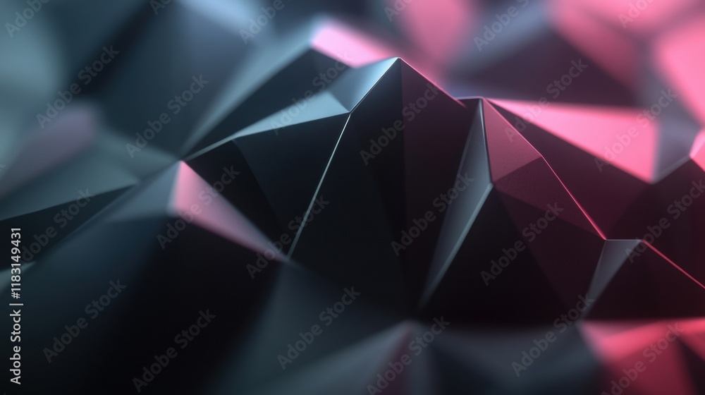 Poster complex dark geometric shapes form a textured landscape with sharp angles and vibrant gradients, cre