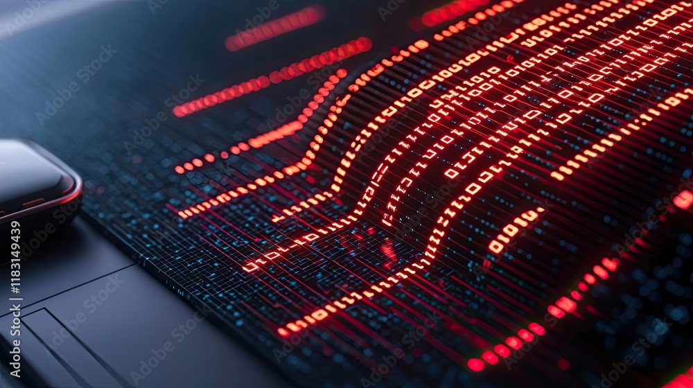 Poster Matrix abstract background idea. Abstract digital background with glowing red data visualizations on a dark surface.