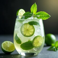 efreshing mojito drink with lime slices and mint leaves sits in a glass