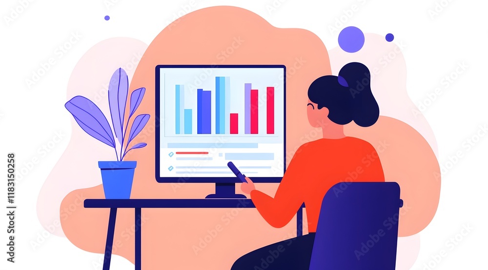 Poster a woman analyzes data on a computer, surrounded by a plant, showcasing a modern workspace with color