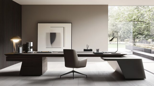 A modern home office with a spacious desk, minimalistic decor, and a relaxing, efficient workspace