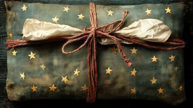 Rustic gift wrapped in vintage American flag fabric, tied with twine. - Powered by Adobe