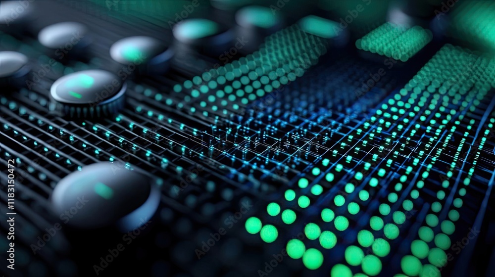 Poster Matrix abstract background idea. A close-up of a circuit board with vibrant green and blue LED lights, showcasing innovation.