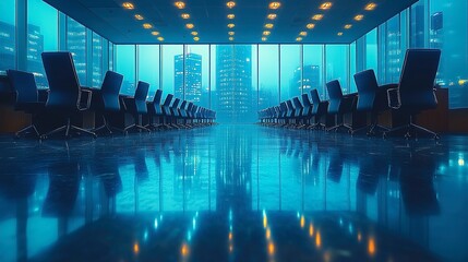 Empty Conference Room Overlooking Night Cityscape