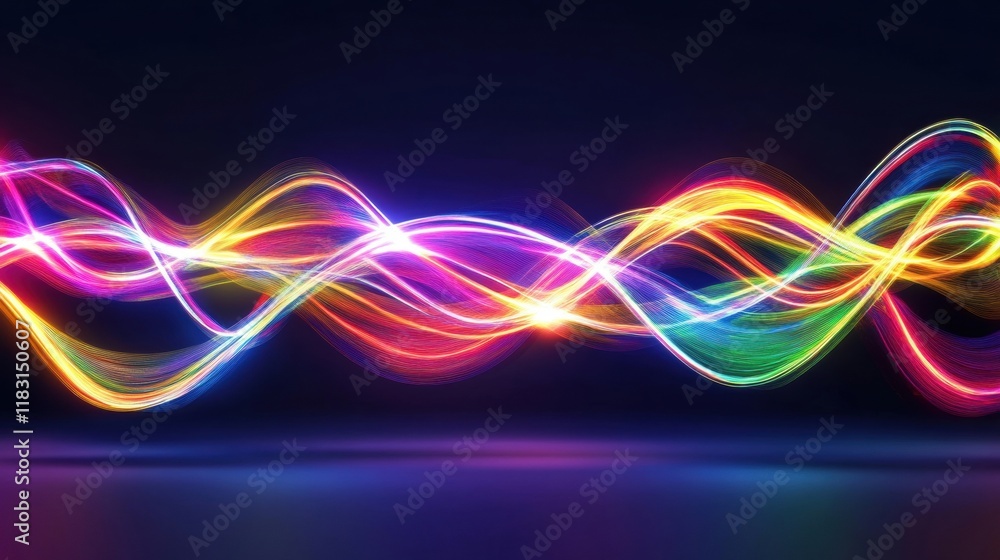 Poster neon light waves in vibrant colors flow across a dark backdrop, creating a captivating sense of move