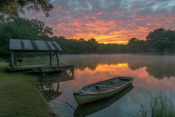 Obraz premium Small boat floating on calm river during sunset