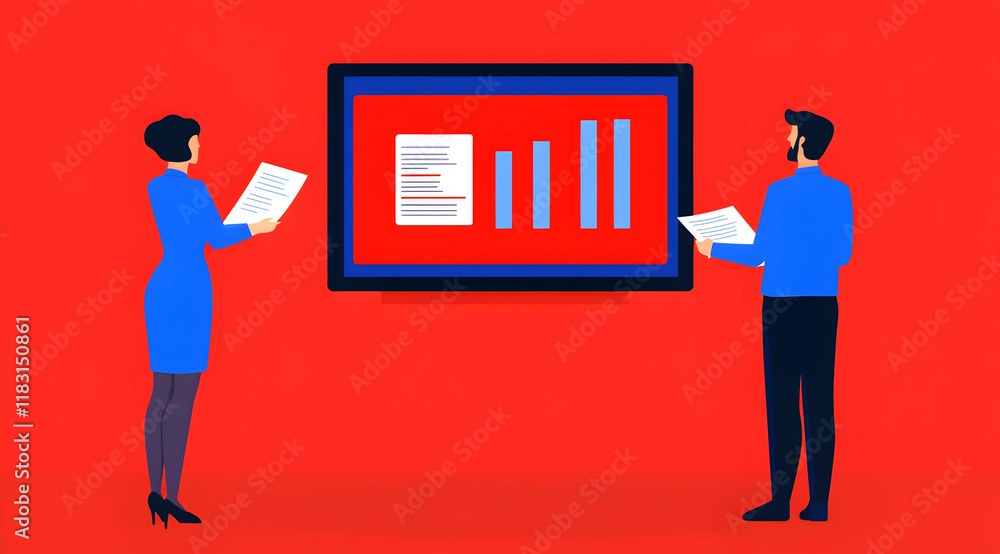 Poster two professionals analyze data displayed on a screen, surrounded by a vibrant red background, highli