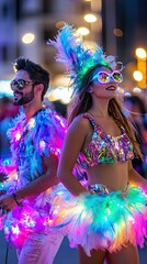Tourists in colorful festival outfits dancing Vibrant tourists dancing in festive attire Joyful celebration with tourists in colorful outfits Festival vibes with dancing travelers in bright costumes