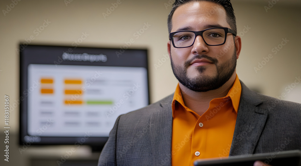 Aufkleber a professional man in a stylish outfit holds a tablet, standing in front of a screen displaying colo