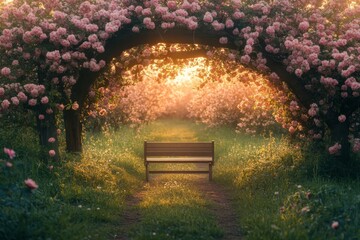 Romantic garden path with flowering arch and sunlight