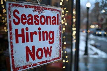 A Seasonal Hiring Now sign is displayed in a retail store window. The notice encourages