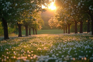Obraz premium Sunlit park with trees and grass creating peaceful atmosphere