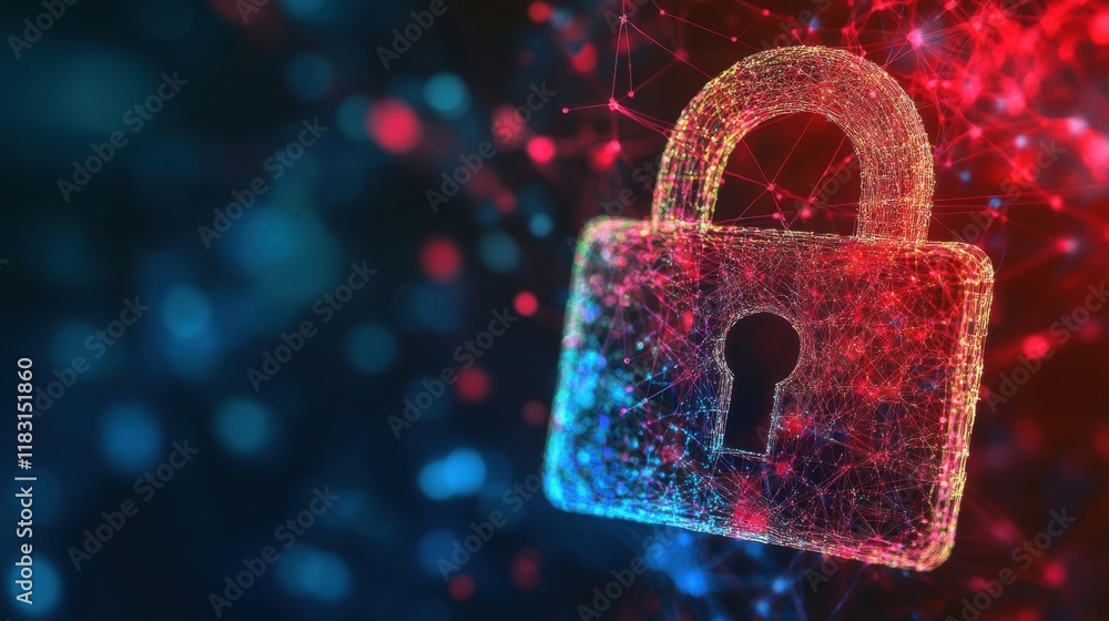 Poster the concept of cybersecurity breach is illustrated with a digital open lock icon set against a backd