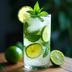 shows a refreshing mojito in a glass with lime and mint