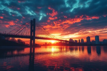 Fototapeta premium Suspension bridge at dusk with glowing city lights in the background