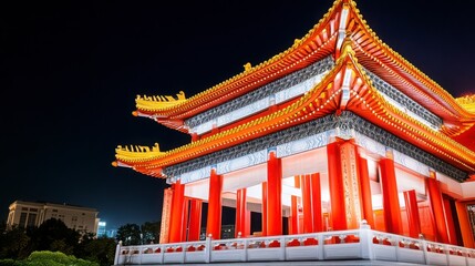 Obraz premium Vibrant Night View of Traditional Asian Architecture with Bright Red Colors