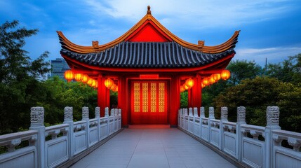 Obraz premium Illuminated Traditional Chinese Pavilion at Dusk with Lanterns