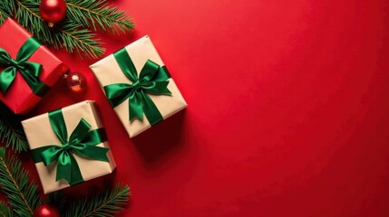 Festive Holiday Gifts with Evergreen Branches on Red Background