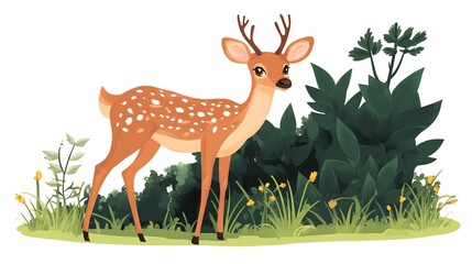 a 2D cartoon illustration of a curious deer looking into the forest, peaceful and serene, white background--ar 16:9