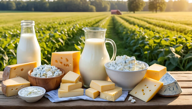 Fresh milk of cheese and cottage cheese on a wooden table on a farm against a field. Sunny morning dairy farm products